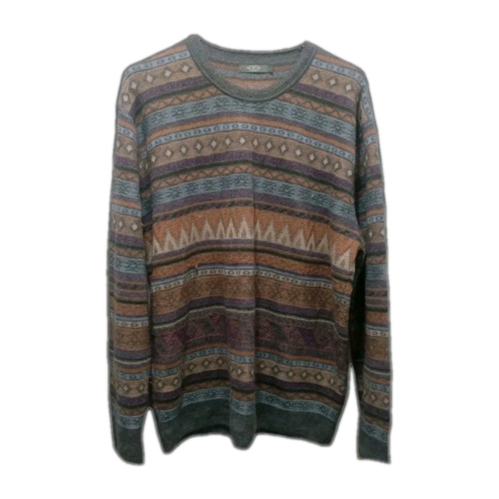 MFH Knits Grey & Multi, Geometric Pattern Sweater 80% Baby Alpaca 20% Silk Sz L